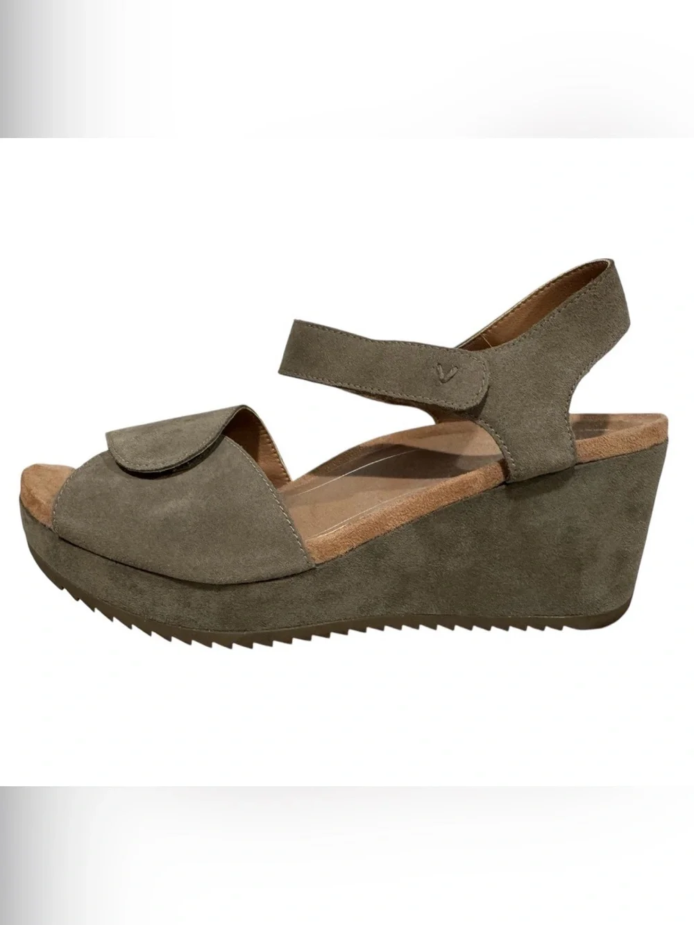 Vionic Womens Astrid II Sandal Size 10 Taupe Suede Ankle Strap Wedge Platforms